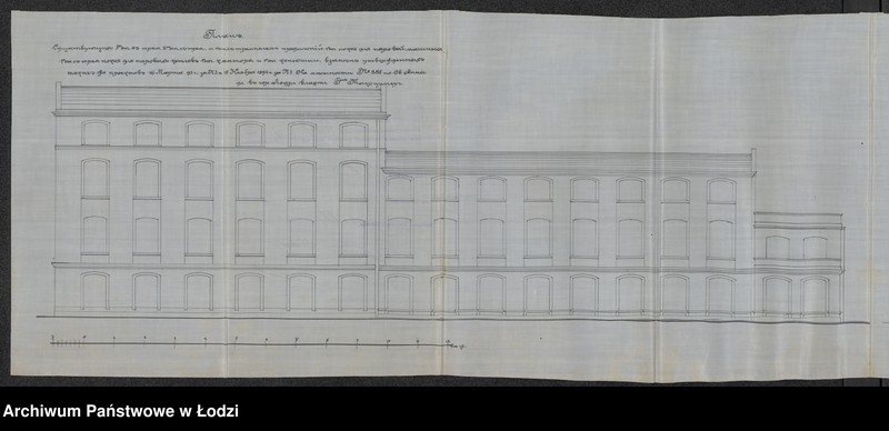 Obraz 20 z jednostki "Na snâtyj s˝ natury čertež postrojki Èlìašem˝ Tykocinerom˝ v˝ gor[ode] Lodzi po uli[ce] Sv[âtoj] Anny pod˝ No 47/835 a imenno a) kamennoj prâdil´ni b) pokoâ parovago kotla v) parovoj mašiny g) kontory d) konûšni"