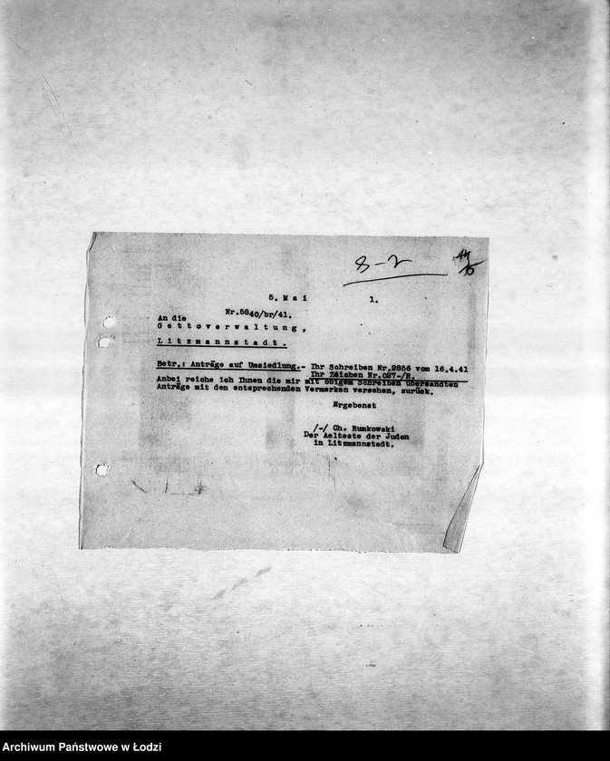 Obraz 18 z jednostki "[Korespondencja PSŻ w sprawie ruchu ludności getta, indywidualnych przesiedleń, przekazywania dzieci do getta itp.]"