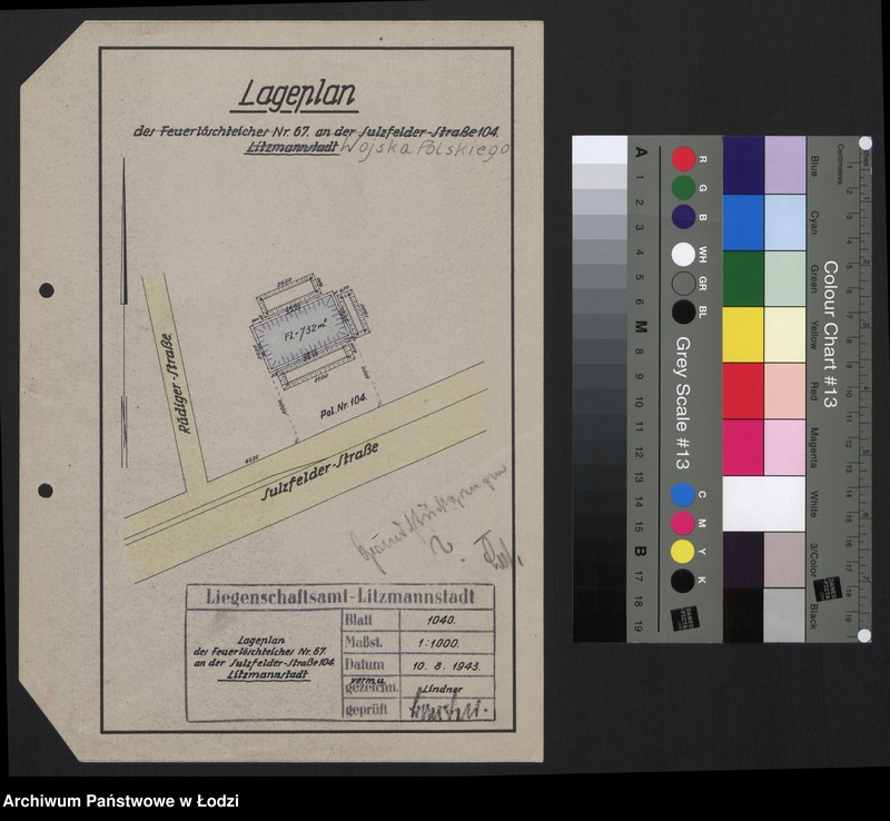 Obraz 1 z jednostki "Lageplan des Feuerlöschteiches Nr 67 an der Sulzfelder Straße 104 Litzmannstadt"