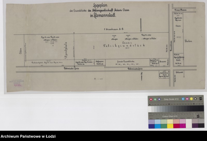 Obraz 1 z jednostki "Lageplan des Grundstücke der Aktiengesellschaft Adam Osser in Litzmannstadt"