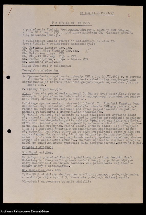 image.from.unit.number "Protokóły z posiedzeń Komisji Wychowania, Oświaty i Kultury Wojewódzkiej Rady Narodowej w Zielonej Górze; Nr 7 - 13"