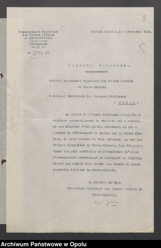 Obraz 11 z jednostki "Sorties /Korespondencja własna wychodząca, pisma, zarządzenia, potwierdzenia telefoniczne, instrukcje, sprawozdania/ 1.11.1920-31.01.1921"