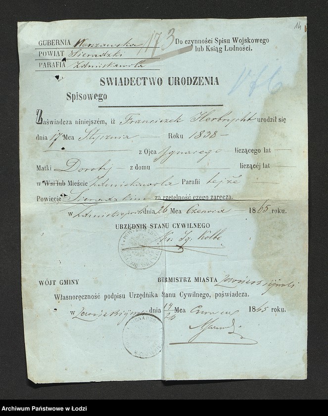 Obraz 16 z jednostki "Dowody metrykalne stałych mieszkańców osady Bałuty nr domu 19"