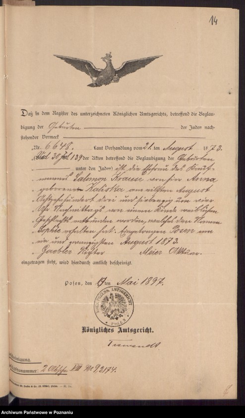 Obraz 16 z jednostki "Die von den Verlobten beigebrachten Urkunden zur Eheschliessung pro 1897"