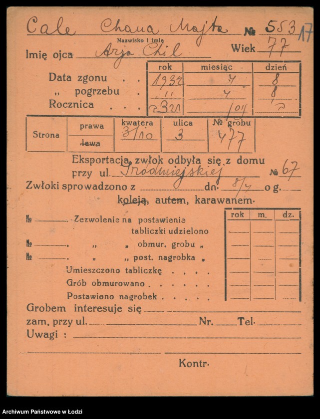 Obraz 18 z jednostki "Kartoteka osób pochowanych na cmentarzu żydowskim przy ulicy Brackiej w latach 1892-1954. Nazwiska na litery: Ca-Choros"