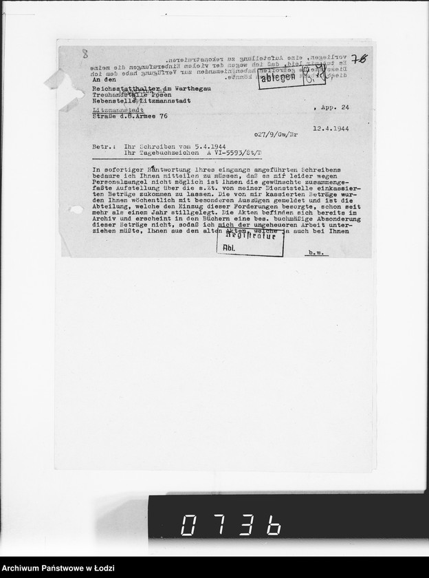 Obraz 12 z jednostki "Hauptreühandstelle Ost.[Korespondencja w sprawach majątkowych, podatkowych i należności finansowch]"