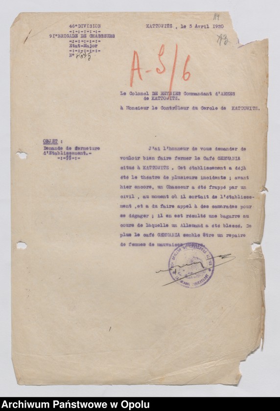 Obraz 16 z jednostki "/Korespondencja i sprawozdania, instrukcje w sprawach zapewnienia bezpieczeństwa i porządku publicznego, zakazy kolportażu prasy niemieckiej/ 4.02.1920 - 23.04.1922"