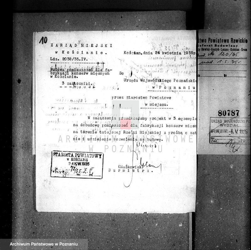 Obraz 14 z jednostki "Zatwierdzenie zakładu przemysłowego / Rozbudowa Rzeźni Miejskiej, - oddział konserw miejskich Zarząd Miejski w Kościanie"
