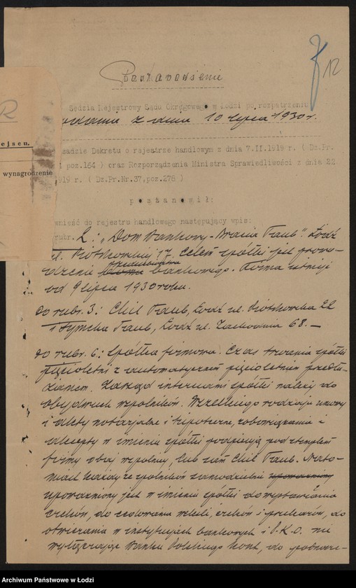 Obraz 14 z jednostki "Dom bankowy bracia Taub- prowadzenie przedsiębiorstwa bankowego"