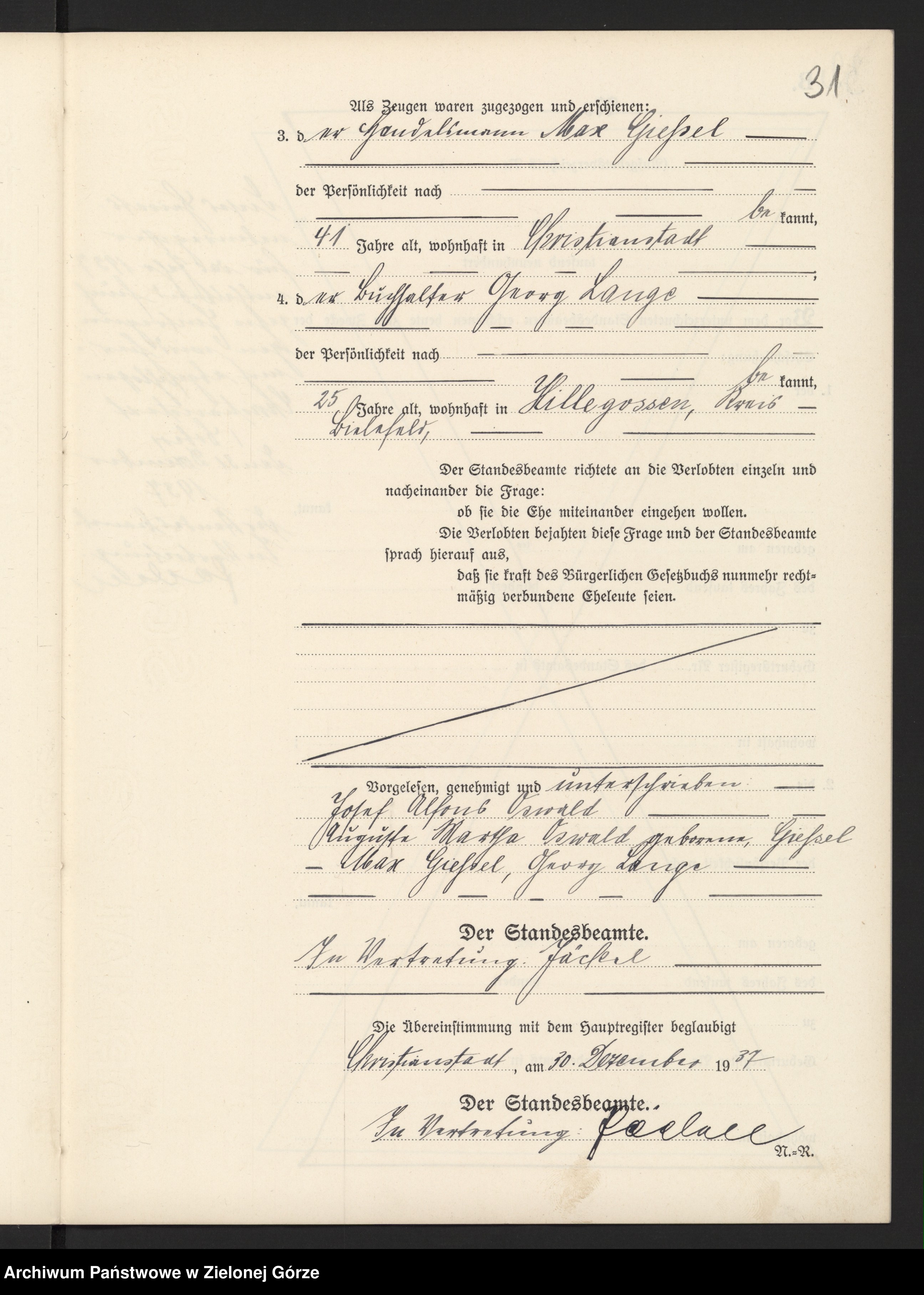 Skan z jednostki: Heirats-Neben-Register Standesamt Christianstadt a[m] B[ober] 1937 No. 1 bis 15
