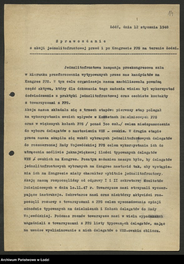 Obraz 15 z jednostki "Sprawozdania i oceny z akcji jednolitofrontowej [z terenu miasta Łodzi- Wojewódzkiego Komitetu Polskiej Partii Socjalistycznej]"