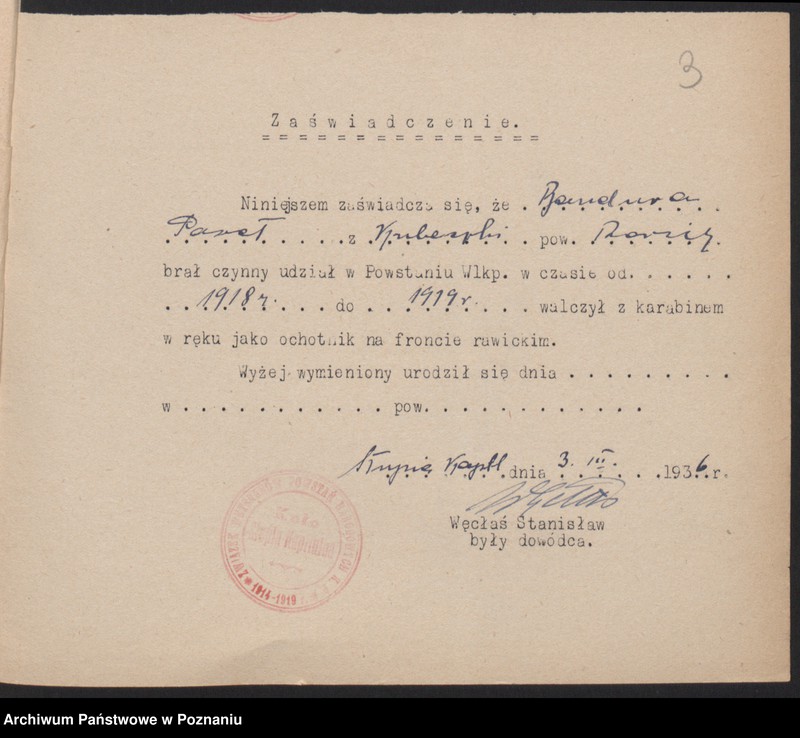 Obraz 6 z jednostki "Słupia Kapitulna, powiat Rawicz - indywidualne zaświadczenia o uczestnictwie w powstaniu."