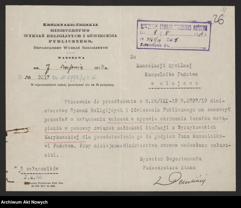 image.from.unit.number "Skrócenie 10 miesięcznego terminu zakazu wstąpienia w ponowne związki małżeńskie. Reskrypty Naczelnika Państwa, wnioski, korespondencja z Min. Wyznań Religijnych i Oświecenia Publicznego"