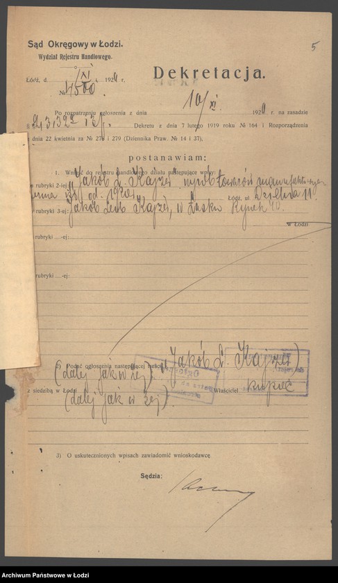 Obraz 7 z jednostki "Jakób L.Kajzer- wyrób towarów manufakturowych"