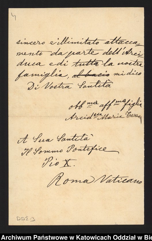 image.from.unit.number "[1. Korespondencja arcyksiężnej Marii Teresy Habsburg z władzami kościelnymi w sprawie uzyskania zezwolenia na odprawianie Mszy Świętej w kaplicy zamkowej 1905-1912, 2. Kopia fragmentu traktatu wiedeńskiego z 3 maja 1815 roku]"