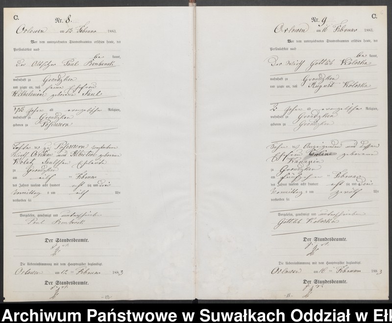 Obraz 9 z jednostki "Sterbe-Neben-Register des Preussischen Standes-Amtes Orlowen Kreis Loetzen für das Jahr 1883"