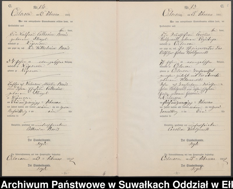 image.from.unit.number "Sterbe-Neben-Register des Preussischen Standes-Amtes Orlowen Kreis Loetzen für das Jahr 1892"
