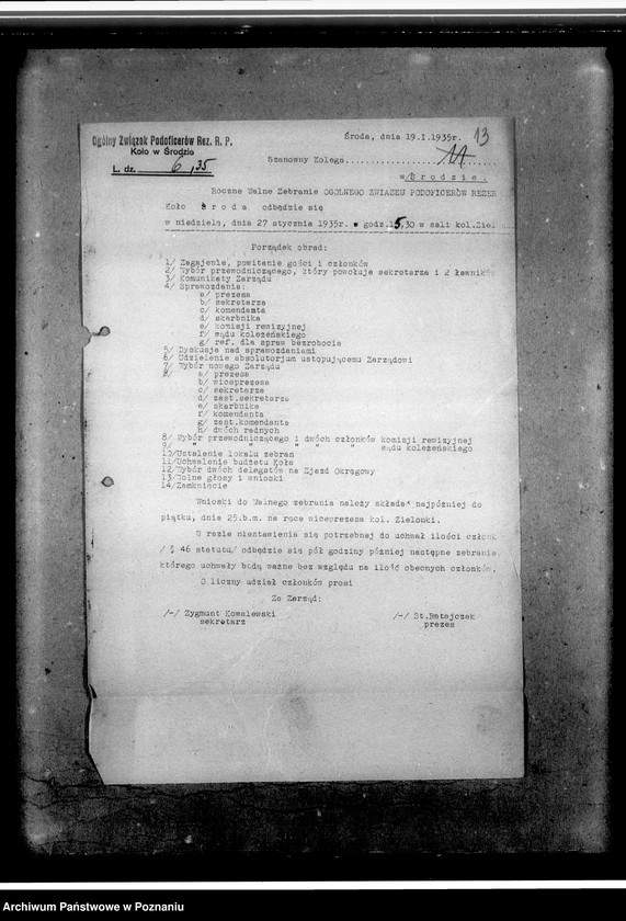 Obraz 17 z jednostki "Sprawozdania miesięczne oraz korespondencja koła w Środzie w sprawie przyjęcia na członka, powiadomienia o zebraniach, zaproszenia"