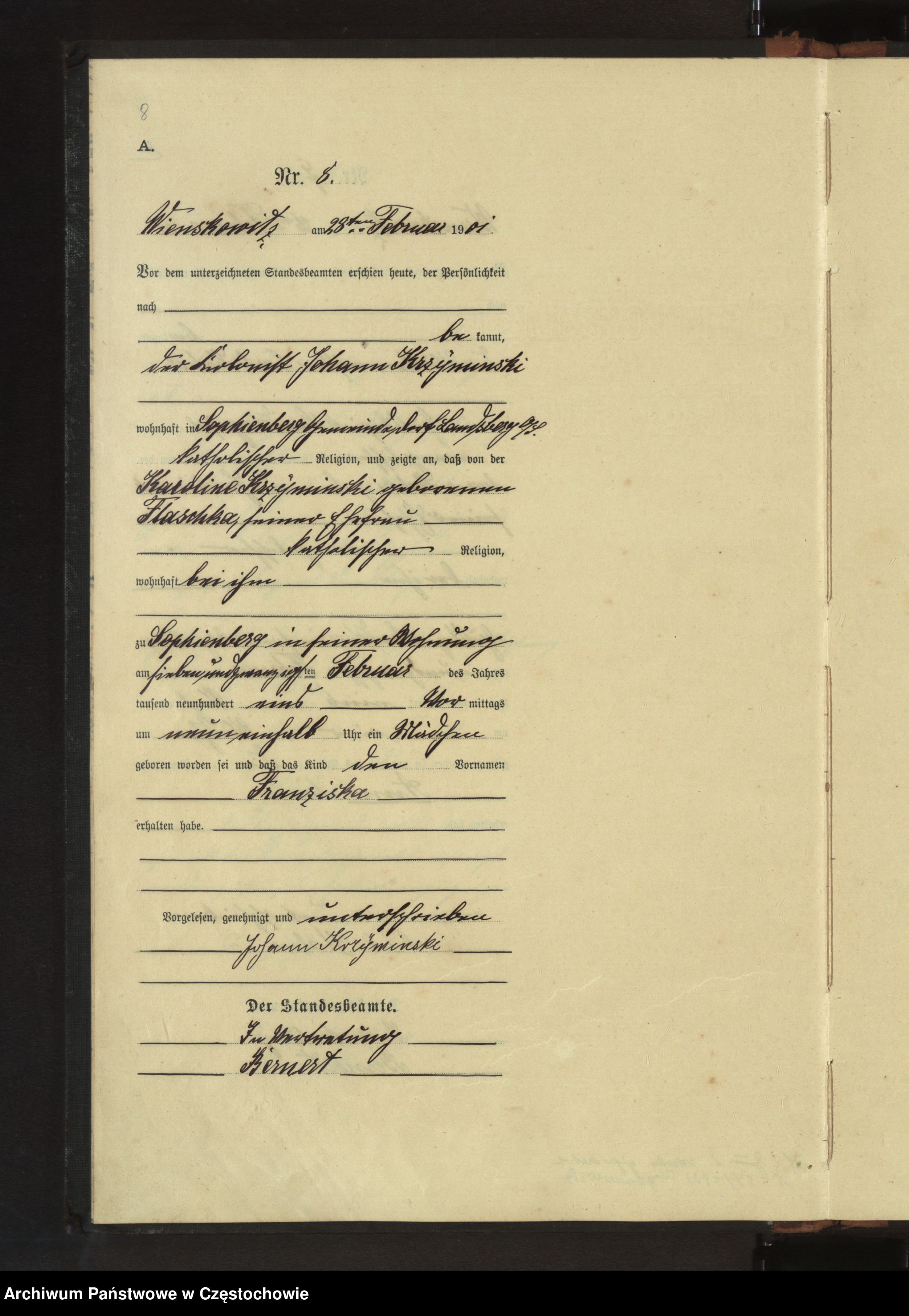 Skan z jednostki: Geburts - Haupt - Register des Koniglich Preussiechen Standesamts Wienskowitz  im Kreise Rosenberg o/ S. pro 1901.