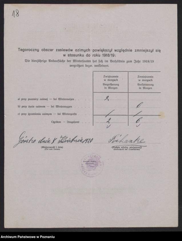 Obraz 20 z jednostki "[Kwestionariusz dotyczący zasiewów ozimych w roku 1919/1920 w powiecie babimojskim]"