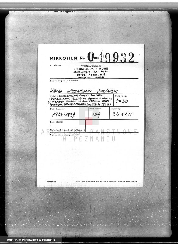 Obraz 2 z jednostki "Sprawa zmiany rodzaju użytkowania 426,34 ha gruntów leśnych w majątku Gosławice powiat koniński celem utworzenia deputatu rolnego dla staży leśnej"