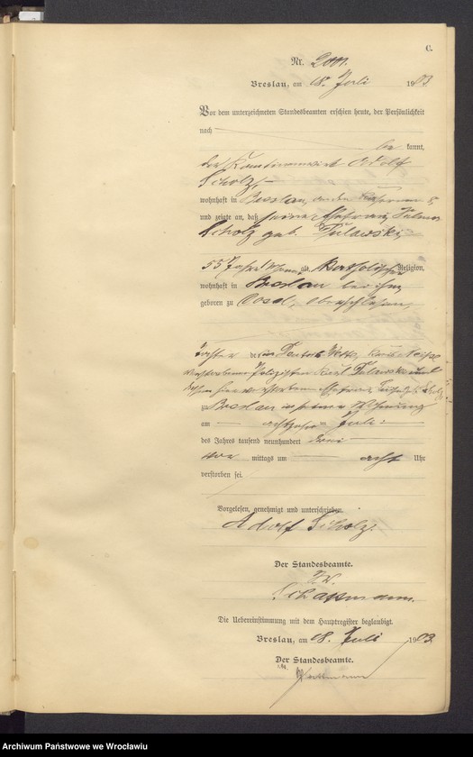 image.from.unit.number "Sterbe Neben Register Standesamt Breslau III 1903 Band 6"