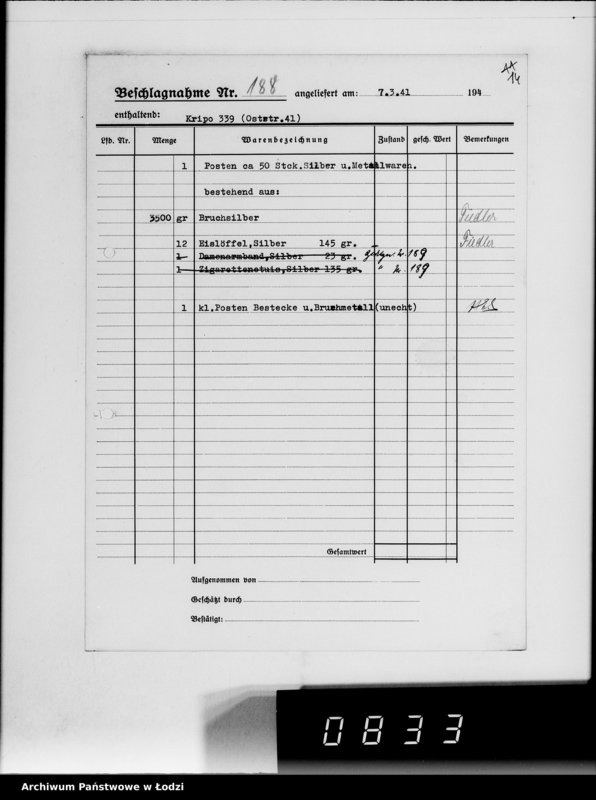 Obraz 18 z jednostki "Kripo.Unterlagen 1-199 [Kartoteka skonfiskowanego majątku ruchomego u Żydów]"