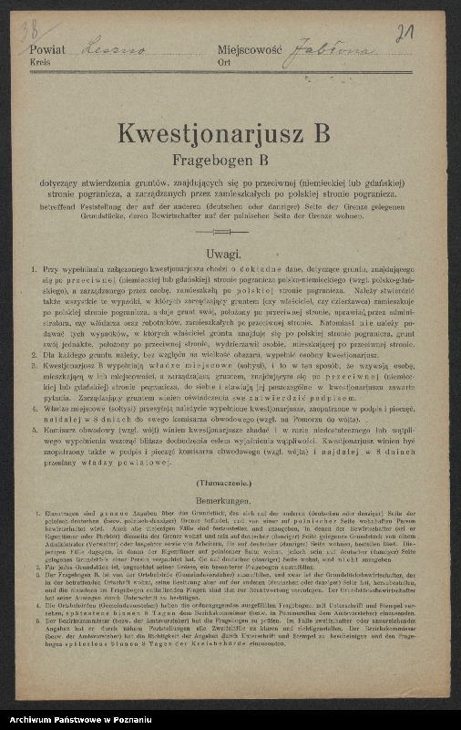 Obraz 18 z jednostki "[Kwestionariusze dotyczące stwierdzenia gruntów znajdujących się po niemieckiej stronie pogranicza a zarządzanych przez zamieszkałych po stronie polskiej] powiat leszczyński"