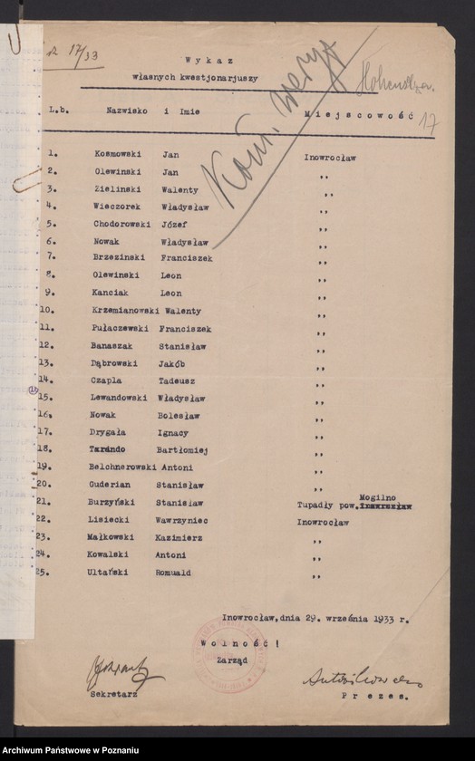 Obraz 17 z jednostki "Lista członków Związku Powstańców Wielkopolskich przesłane przez hitlerowców S.D. - Toruń do S.D. - Leitabschnitt - Poznań."