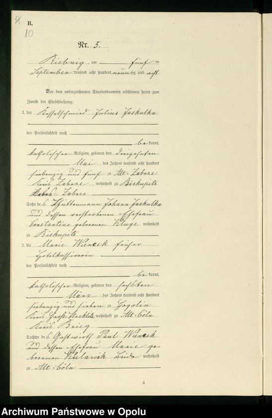 Obraz 13 z jednostki "Heiraths-Neben-Register Standes-Amt Riebnig 1898"