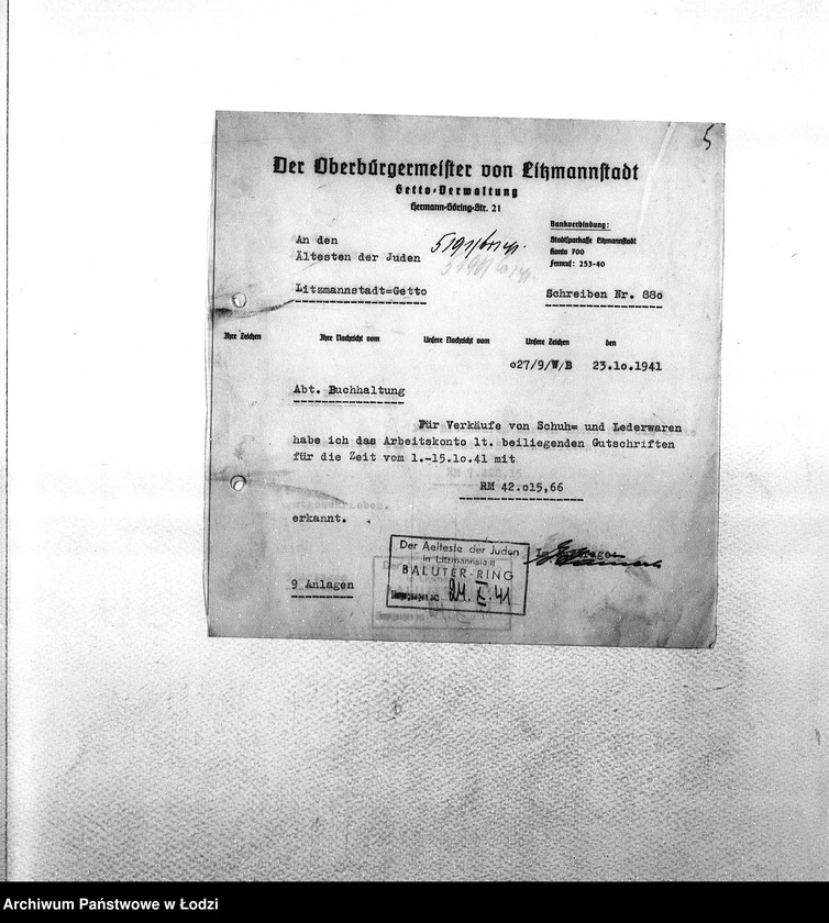 Obraz 8 z jednostki "Sonderkonto [Korespondencja PSŻ z GV w sprawach buchalteryjnych: uznanie konta za przekazane Niemcom mienie żydowskie i dostarczoną siłę roboczą w zamian świadczeń ze strony GV]"