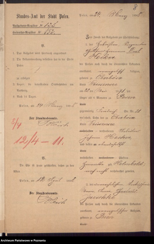 Obraz 10 z jednostki "Die von den Verlobten beigebrachten Urkunden zur Eheschliessung pro 1898"