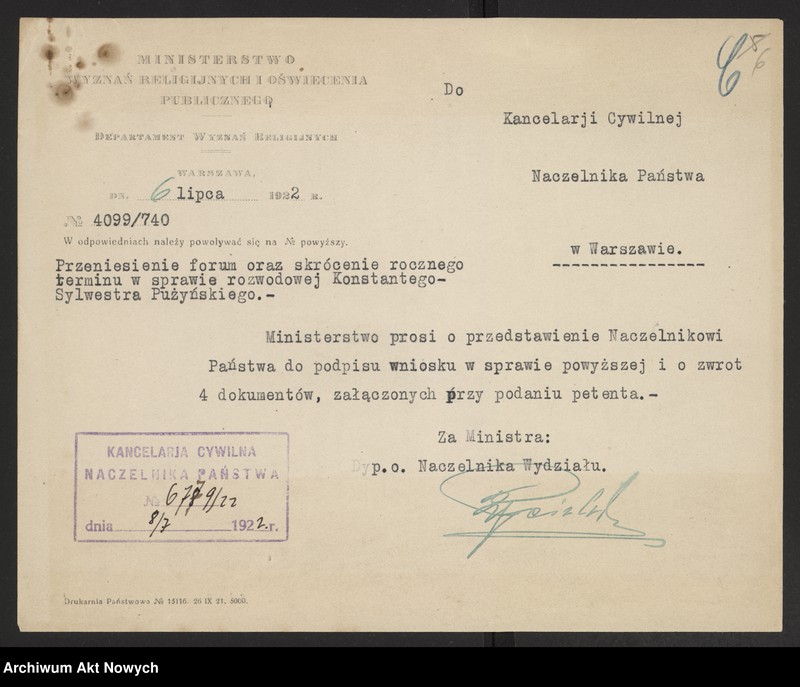 image.from.unit.number "Przeniesienie forum sądowego spraw rozwodowych do Sądów Konsystorskich Ewangelicko - Augsburskiego i Ewangelicko - Reformowanego oraz skrócenie rocznego terminu zapozwu w sprawach rozwodowych, rozpatrywanych przed najwyższymi sądami. Reskrypty Naczelnika Państwa, wnioski, korespondencja z Min. Wyznań Religijnych i Oświecenia Publicznego"
