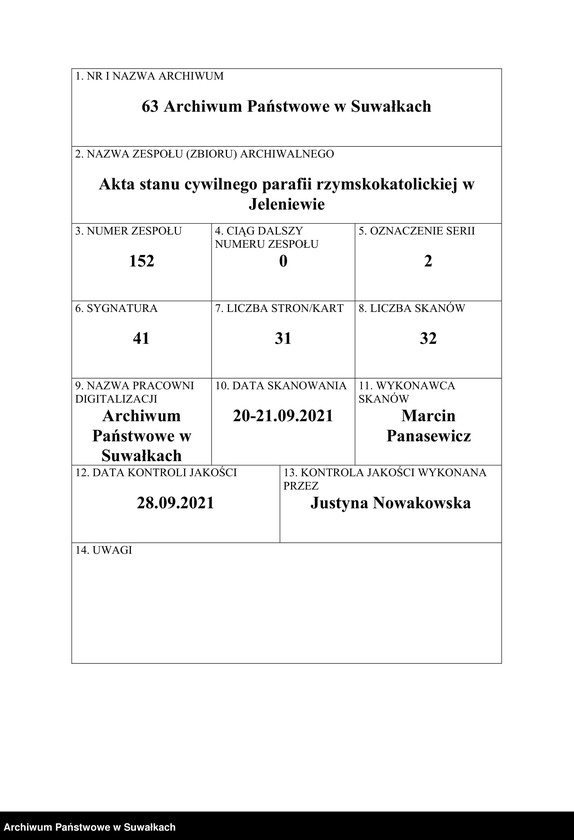 Obraz 1 z jednostki "Aneksa do aktów ślubnych Rz-kat. Jeleniewskiej parafji z 1926 roku"