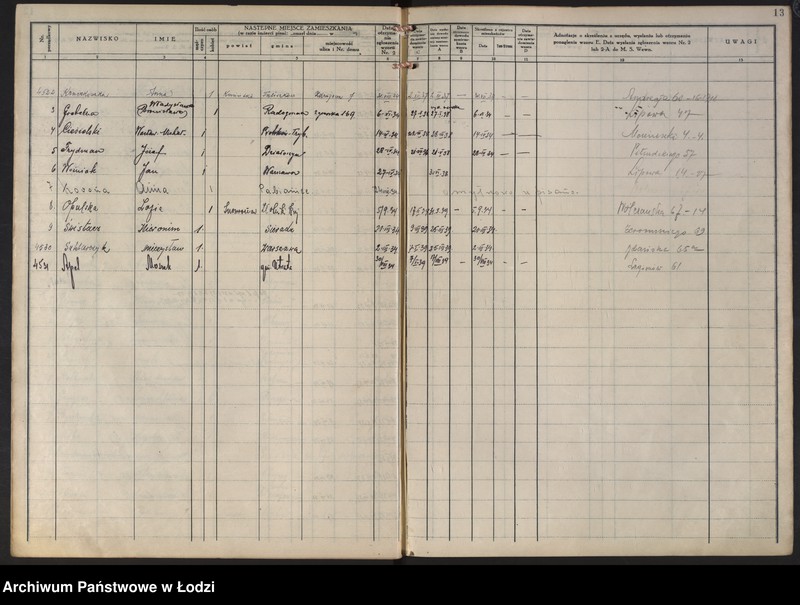 Obraz 16 z jednostki "Księga kontroli ruchu ludności (rejestr osób opuszczających gminę) Łódź, komisariat VII, nr 4282-4531, nr 1-4042"