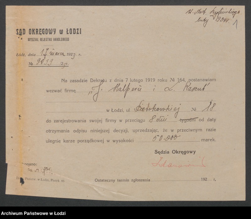 Obraz 3 z jednostki "J.Halpern i L.Kaszub- skup wyrobów włókienniczych"