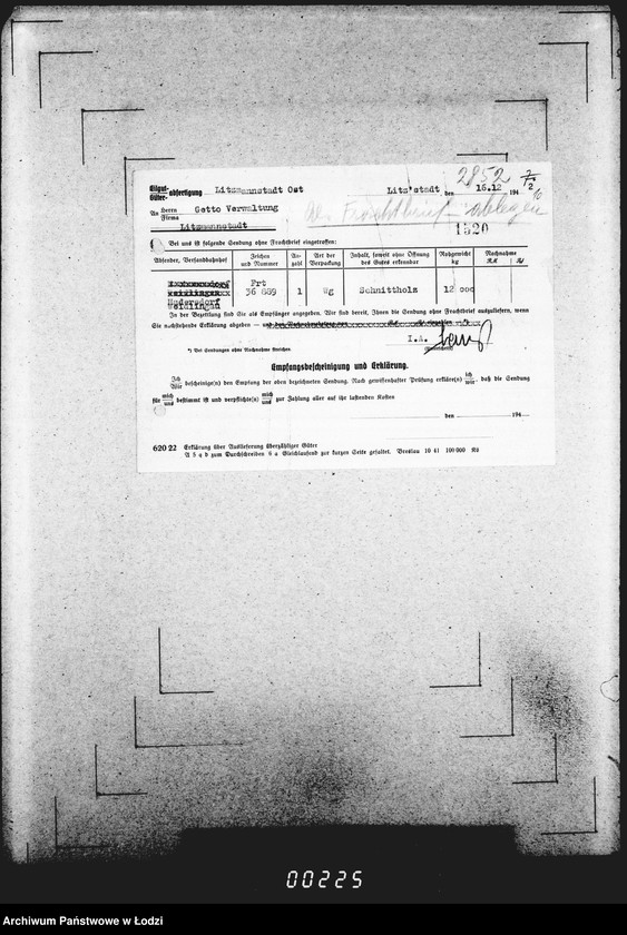 Obraz 14 z jednostki "Frachtbriefe [Kolejowe listy przewozowe różnych towarów do Getta w Łodzi]"