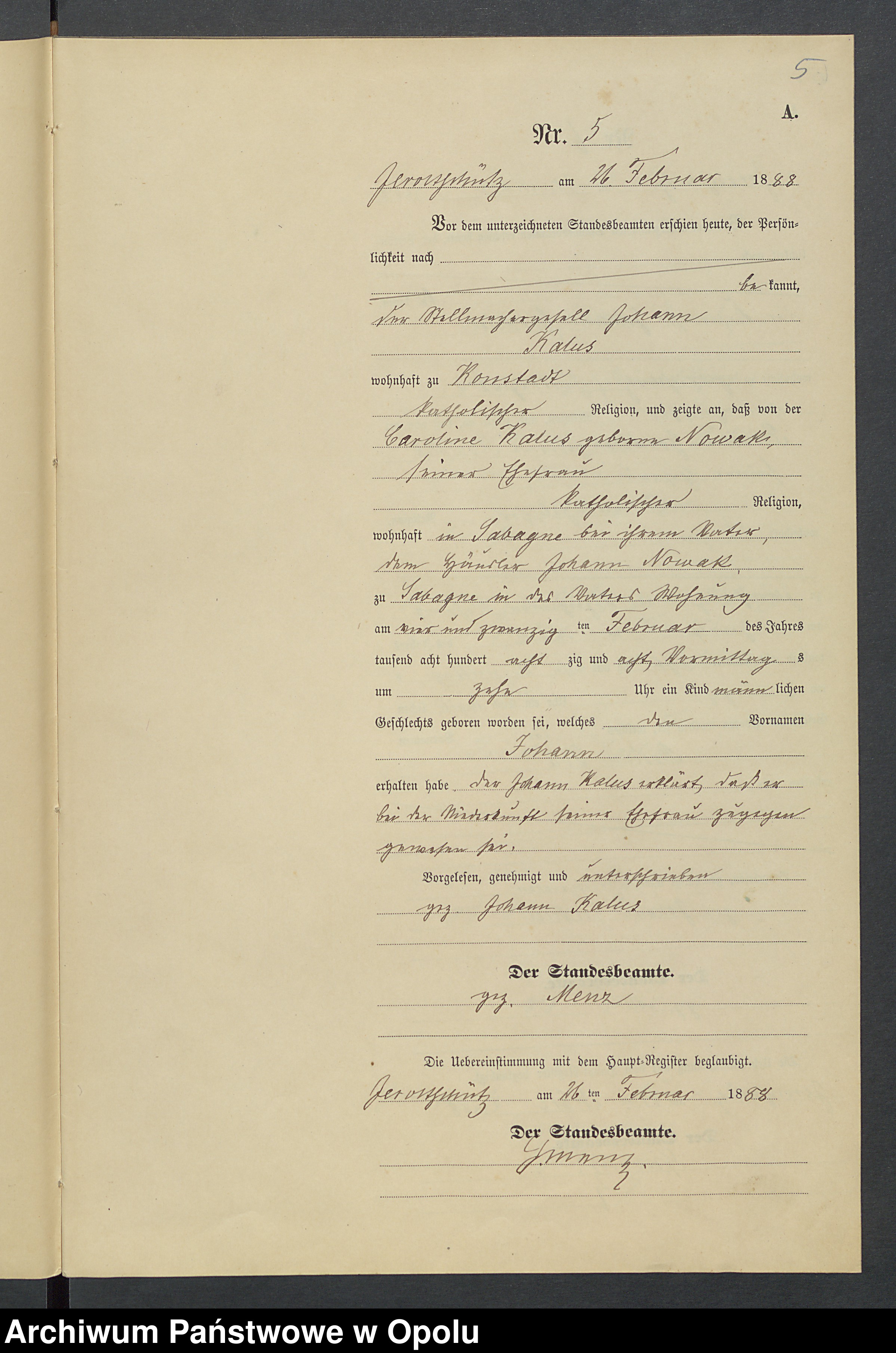 Skan z jednostki: Geburts-Neben-Register Standesamts Jeroltschütz pro 1888