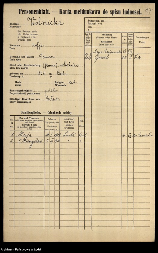 Obraz 19 z jednostki "[Spis ludności Łodzi] Wolniakiewicz - Wolst"
