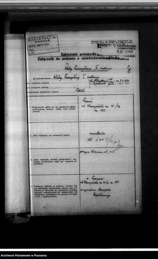 image.from.unit.number "Zatwierdzenie zakładu przemysłowego /fabryki musztardy/ Szmytkiewicz i Spółka w Poznaniu"