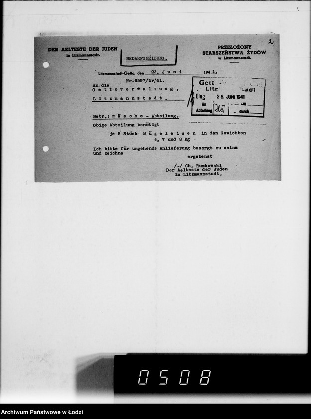 Obraz 6 z jednostki "Bedarfsmeldungen der Älteste der Juden"