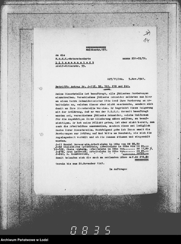 Obraz 18 z jednostki "J.121-135 [Wnioski Żydów w Getcie o zwrot długów za wzięty na kredyt towar przez kupujących]"