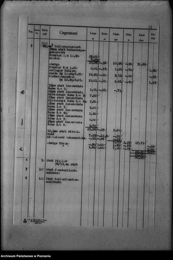 Obraz 14 z jednostki "Dienstwohngebäude - Reichsstatthalter Posen. Wirtschaftsgebäude 1 - 4 (nad jeziorem Góreckim) Massenberechnung"