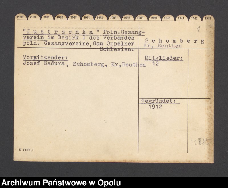 image.from.unit.number ""Justrzenka" Poln. Gesangverein im Bezirk I des Verbandes poln. Gesangvereine, Gau Oppelner Schlesien - Schomberg Kr. Beuthen"