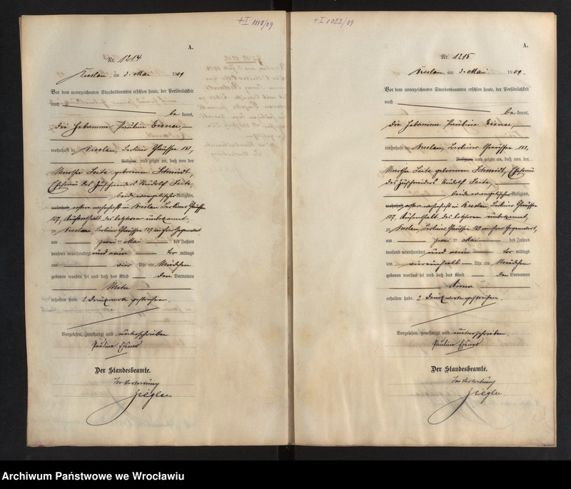 image.from.unit.number "Geburts-Haupt-Register Breslau I 1909 Band 4"