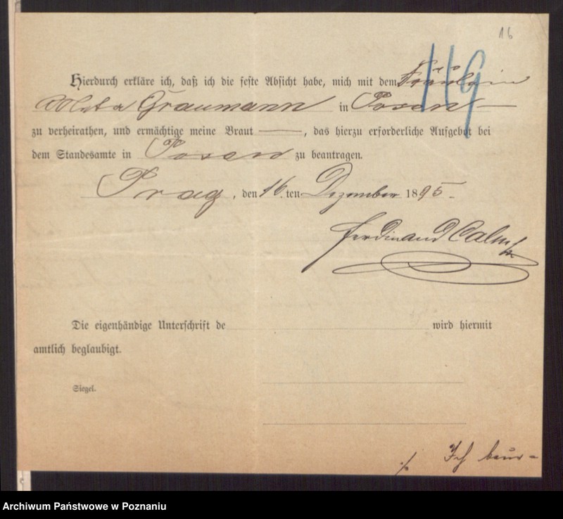 Obraz 18 z jednostki "Die von den Verlobten beigebrachten Urkunden zur Eheschliessung pro 1896"