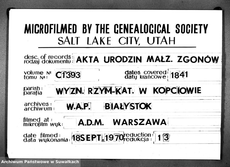 image.from.unit.number "Duplikat Aktów Urodzonych, Zaślubionych i Zeszłych Urzędnika Stanu Cywilnego Rzymsko-Katolickiego Kościoła Obrzędu Łacińskiego Kopciowskiey Parafii z Roku 1841"