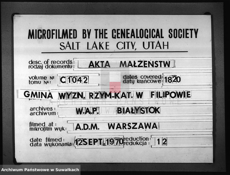 image.from.unit.number "Akta Zaślubienia Gminy Filipowskiey od Dnia 1 Stycznia do d. 31 Grudnia 1820 r."