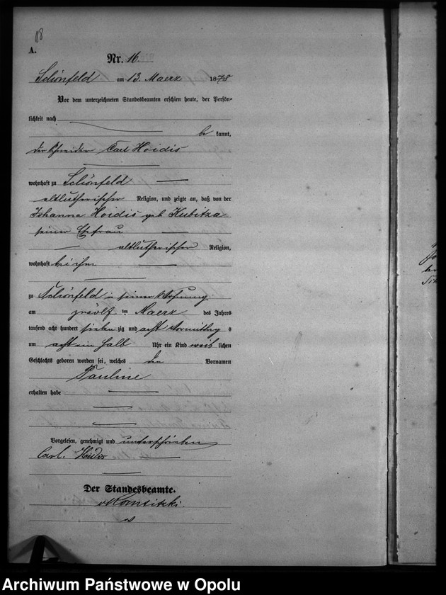 Obraz 19 z jednostki "Geburts-Haupt-Register Standesamts Schönfeld pro 1878"