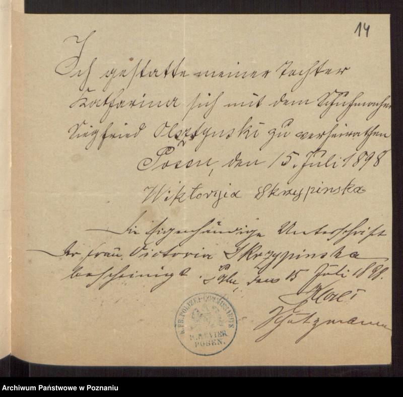 Obraz 16 z jednostki "Die von den Verlobten beigebrachten Urkunden zur Eheschliessung pro 1898"